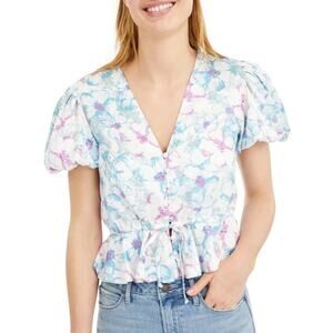 RAHI Floral Pouf V-Neck Button Up Top Blouse Light Blue Small